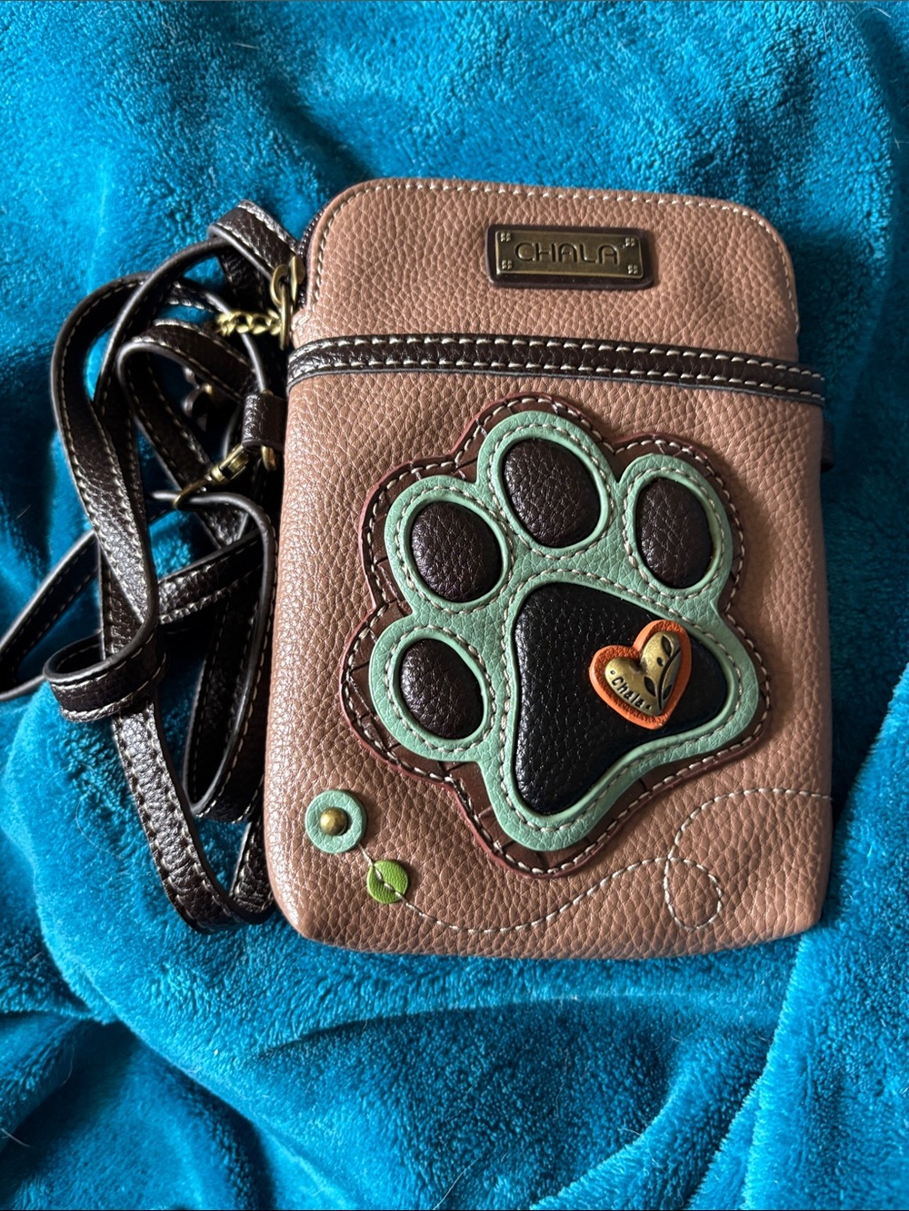 Chala Dark brown  cellphone Crossbody with Mint Paw Applique & Black Accent
